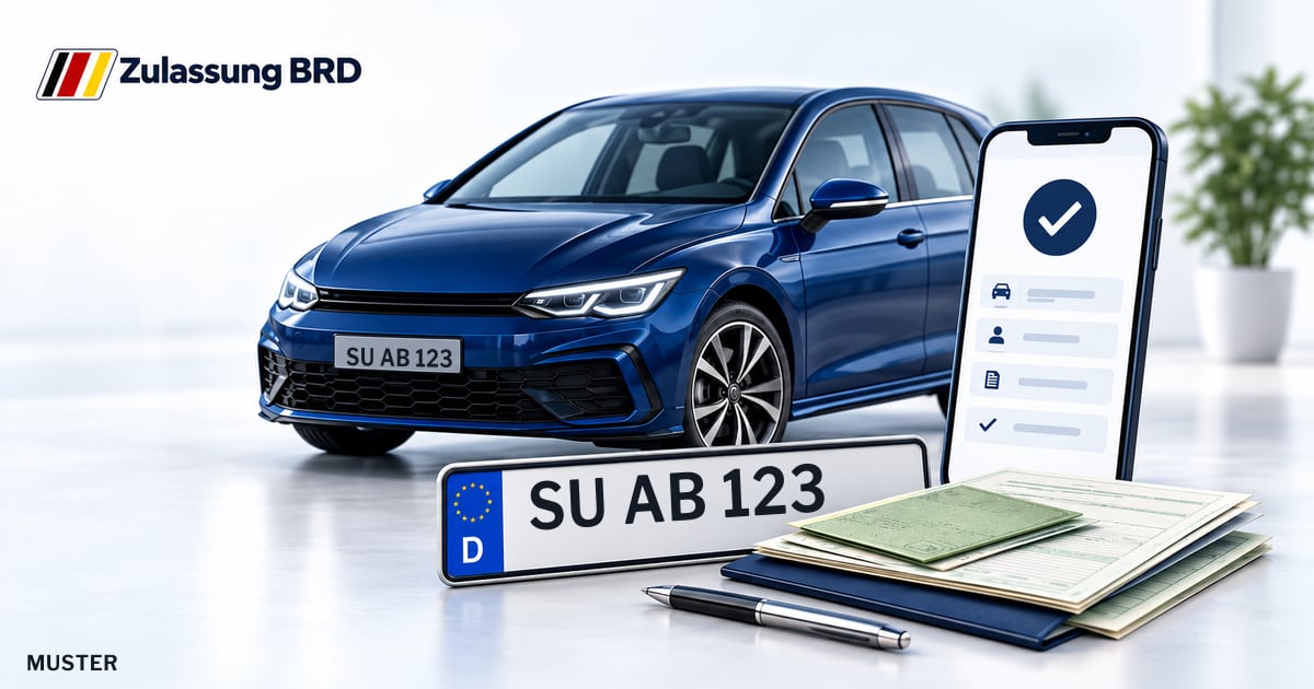 Online Fahrzeugzulassung in Hennef (Sieg): Musterkennzeichen SU AB 123, Auto und Fahrzeugpapiere und Smartphone. Illustration mit Logo von Zulassung BRD.